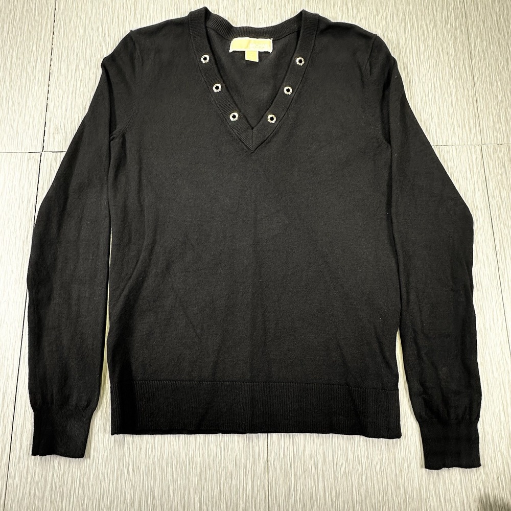 Michael Kors Women's SZ:P BLACK V Neck Grommet Detail Sweater Top LongSleeve